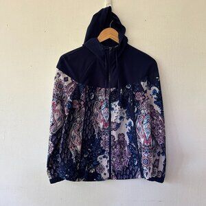 Chicos Zenergy Windbreaker Jacket Womens Medium Navy Paisley Floral Hooded Zip